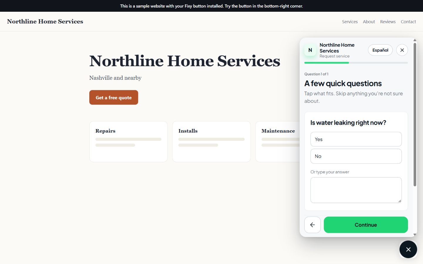 Sample Northline Home Services website with the Fixy request button