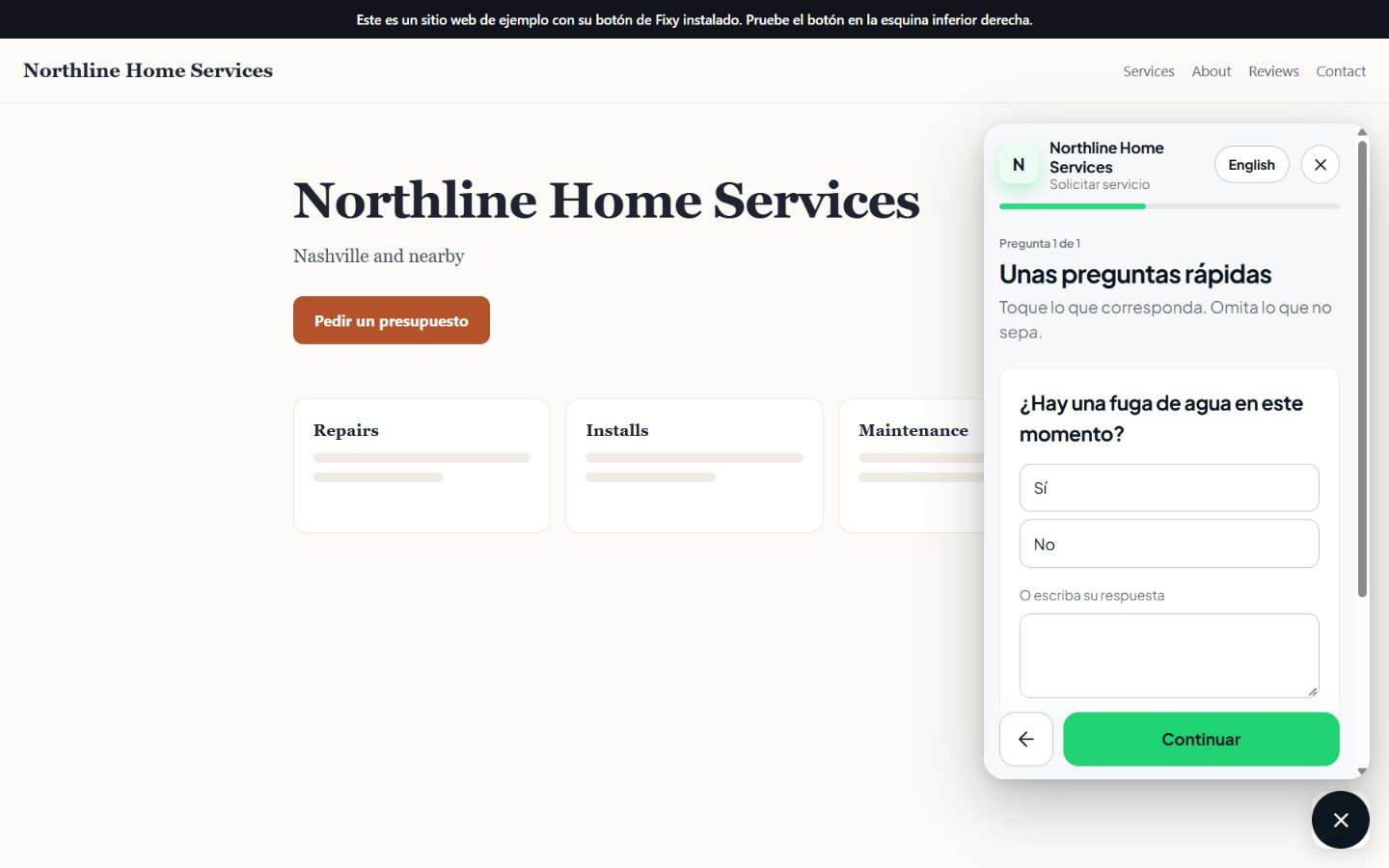 Sitio de ejemplo Northline Home Services con el botón de solicitudes de Fixy